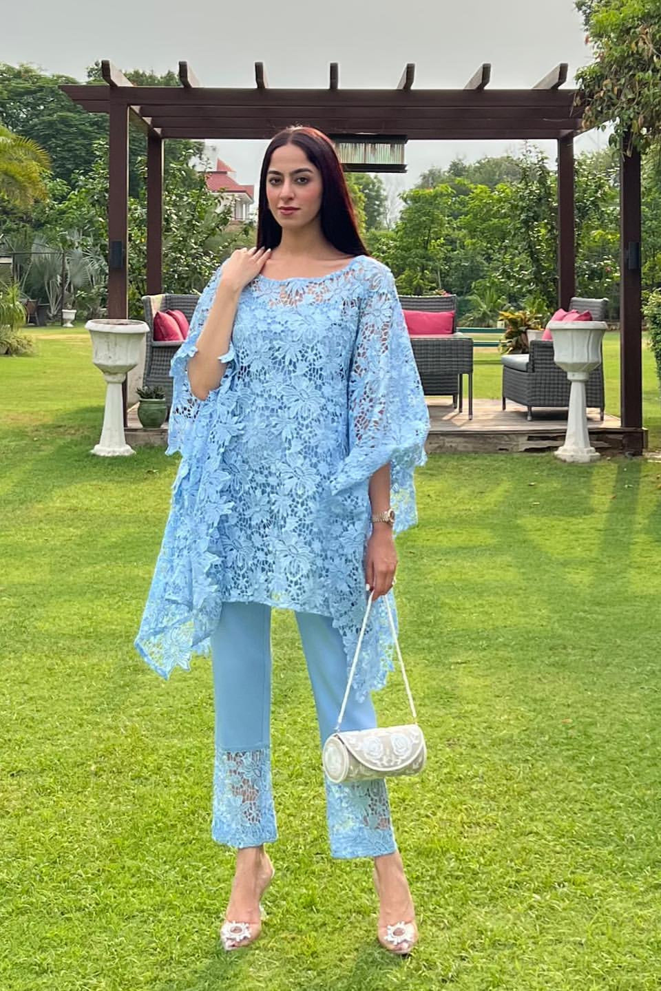 JASNOOR ANAND X HAZE BLUE SCHIFFLI KAFTAN SET