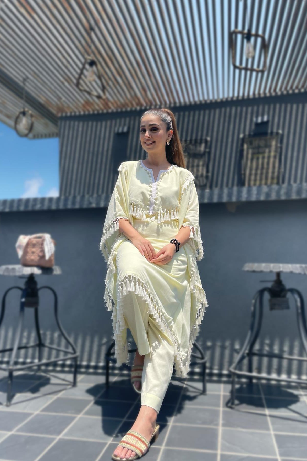 DEEPANKSHI X HAZE YELLOW TASSEL FRINGE KAFTAN KURTA SET