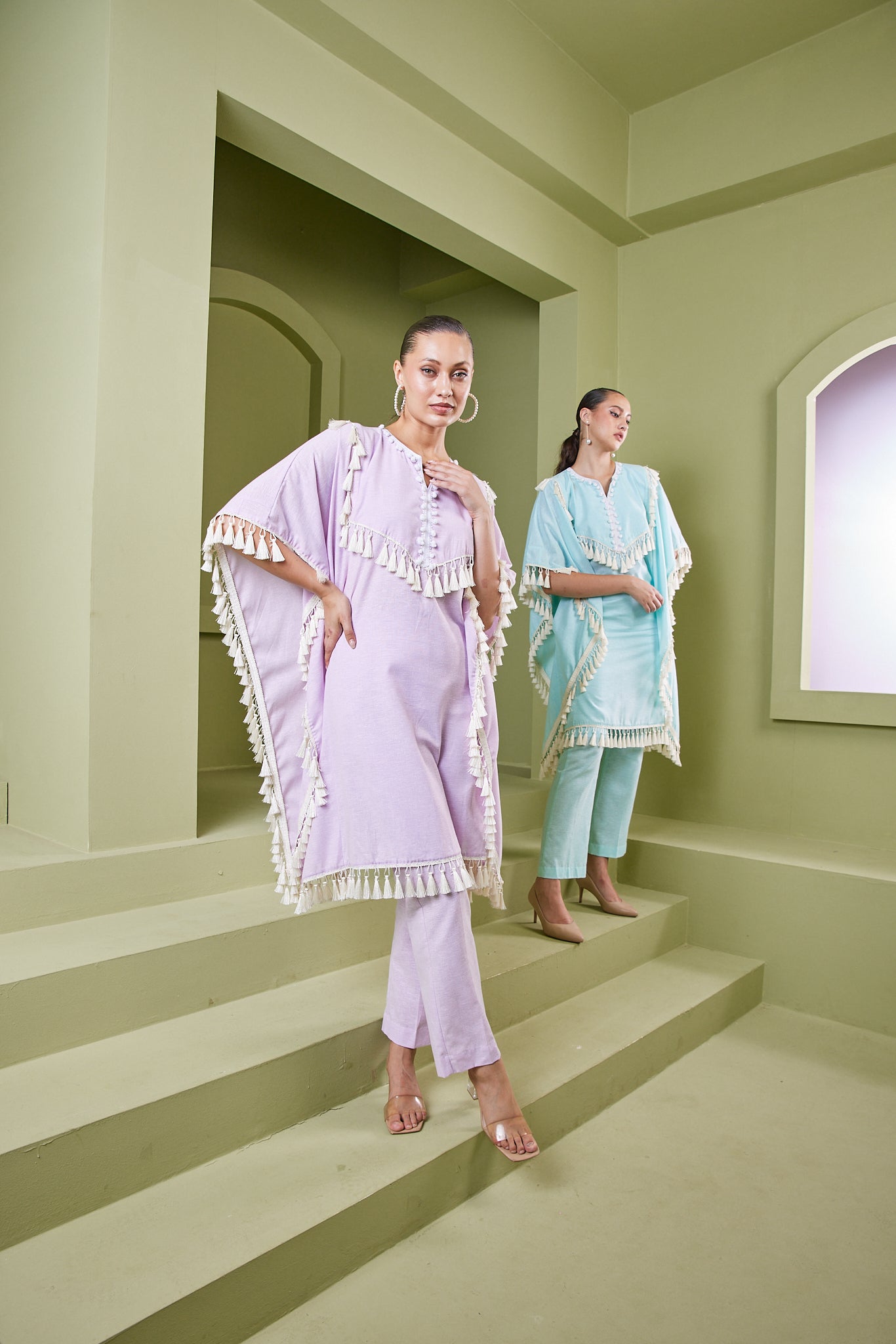 HAZE BLUE TASSEL FRINGE KAFTAN KURTA SET
