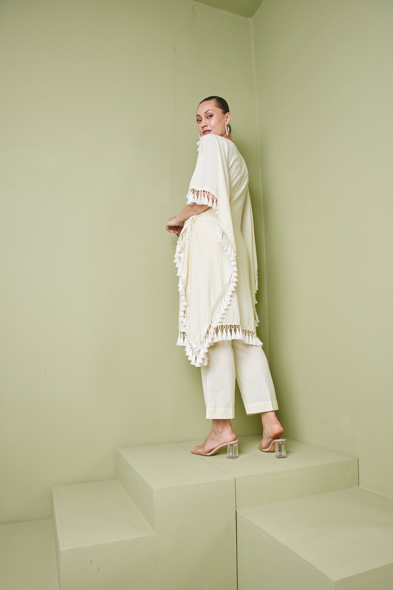 HAZE YELLOW TASSEL FRINGE KAFTAN KURTA SET