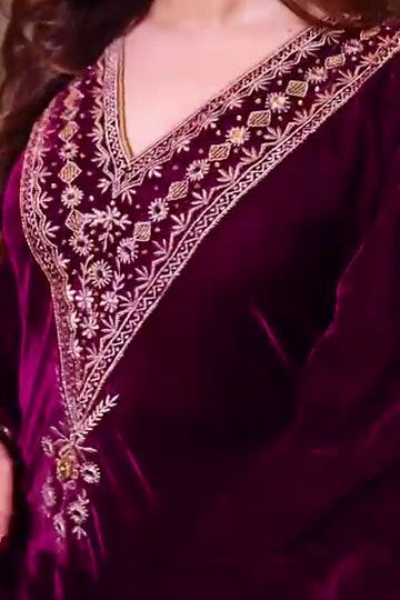 KRITIKA X SIKKA VELVET ZARI MAROON KAFTAN SET