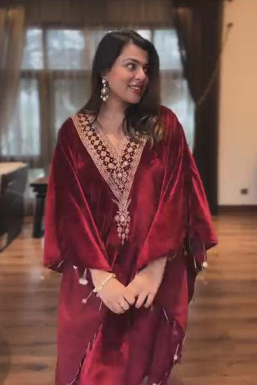 KRITIKA X SIKKA VELVET ZARI MAROON KAFTAN SET