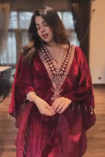 KRITIKA X SIKKA VELVET ZARI MAROON KAFTAN SET