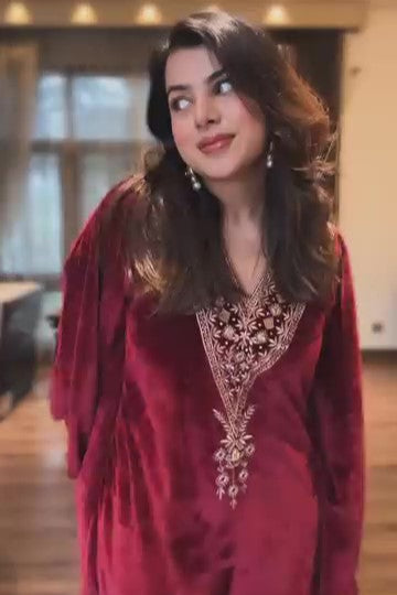 KRITIKA X SIKKA VELVET ZARI MAROON KAFTAN SET