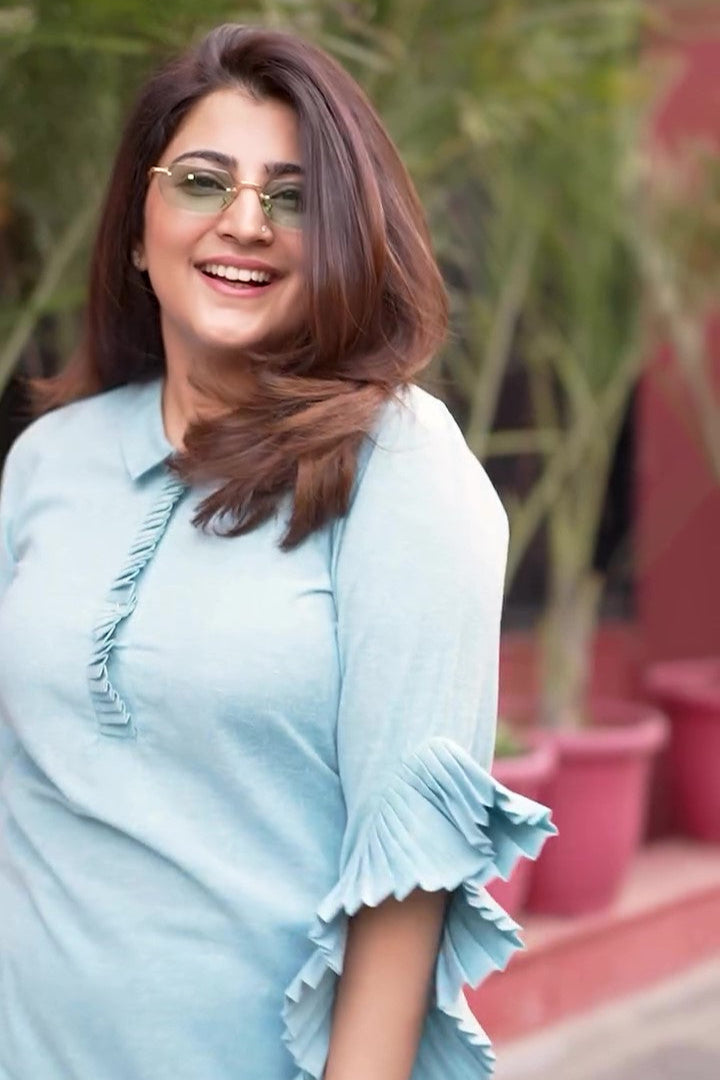 SKY-BLUE PLEAT SLEEVES LINEN KURTA SET