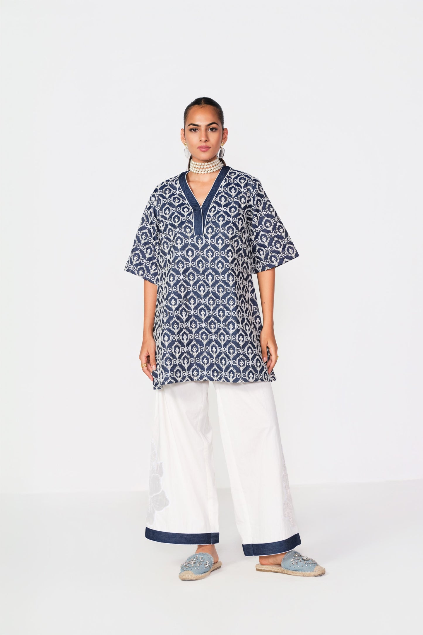 EMBROIDERED WHITE - DENIM BLOCK KURTA SET- LEHR WORK