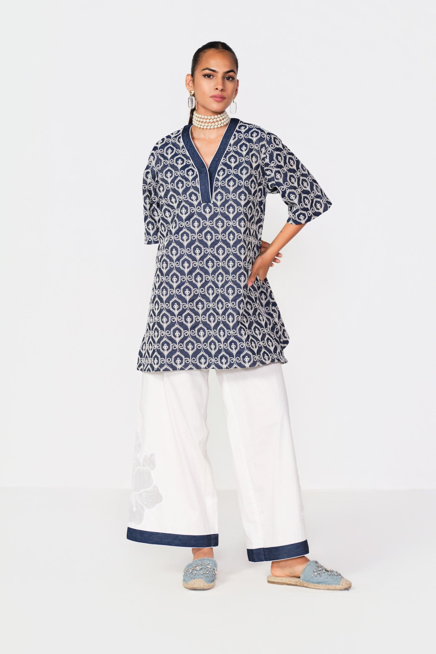 EMBROIDERED WHITE - DENIM BLOCK KURTA SET- LEHR WORK
