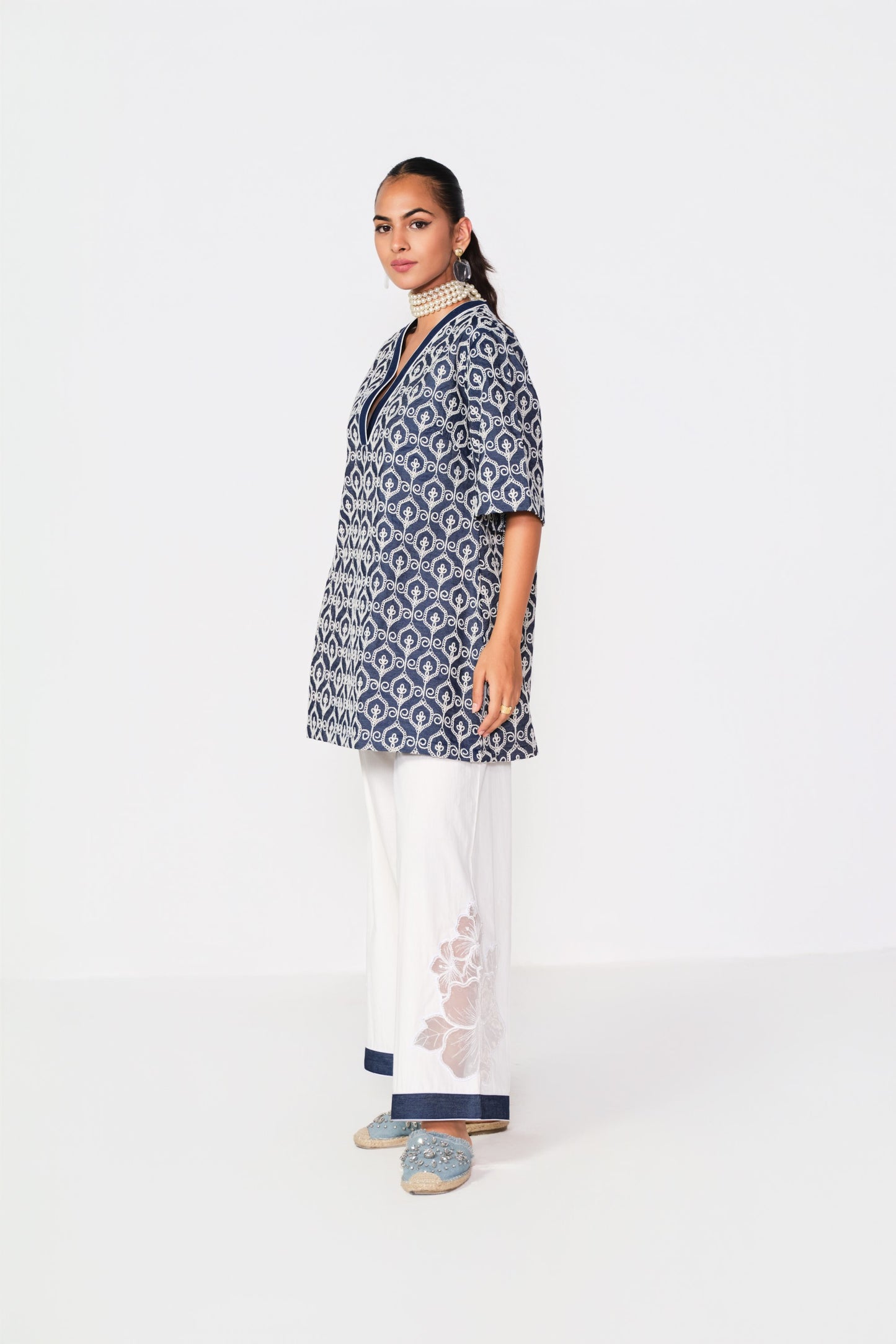 EMBROIDERED WHITE - DENIM BLOCK KURTA SET- LEHR WORK
