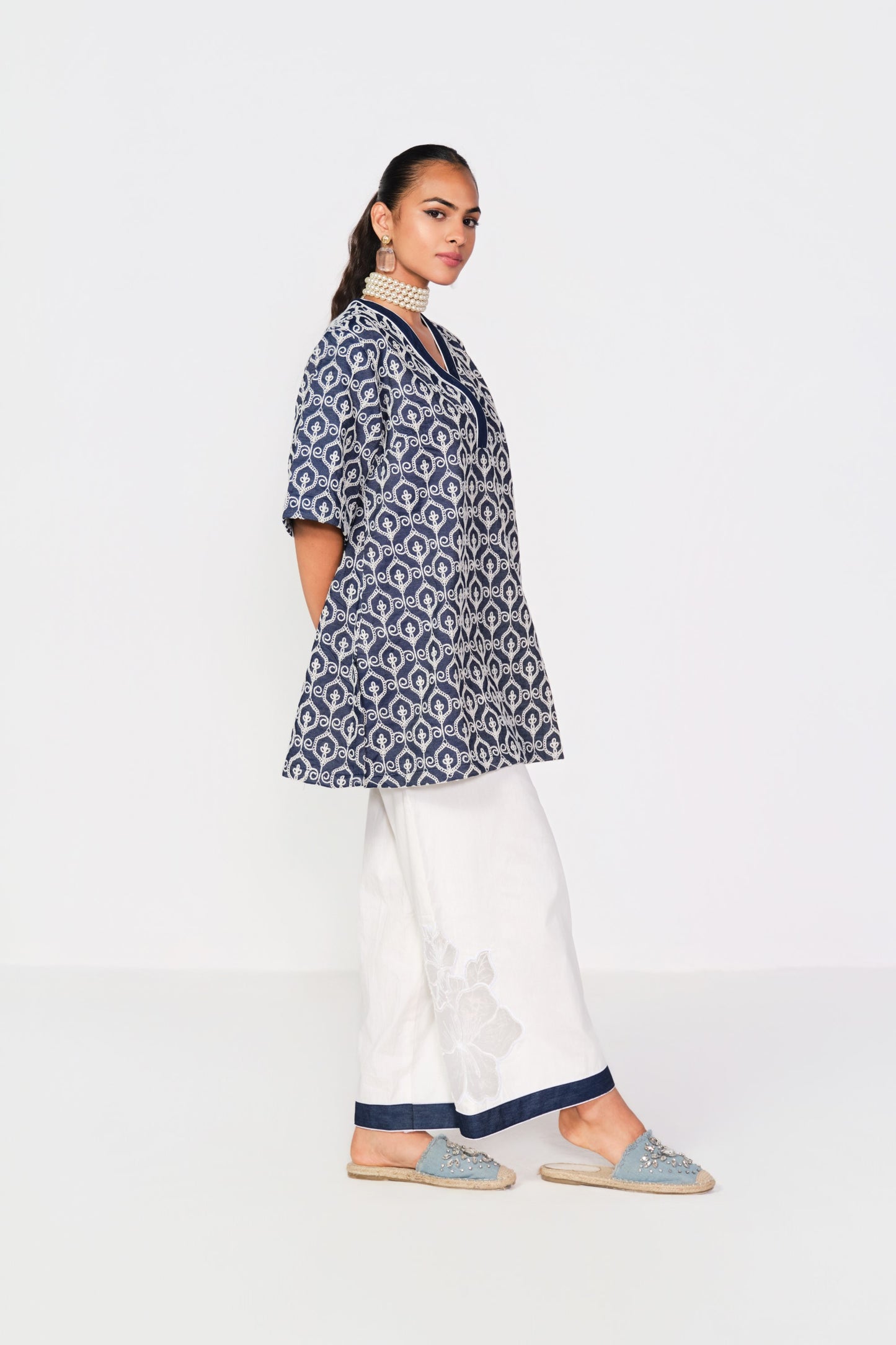 EMBROIDERED WHITE - DENIM BLOCK KURTA SET- LEHR WORK
