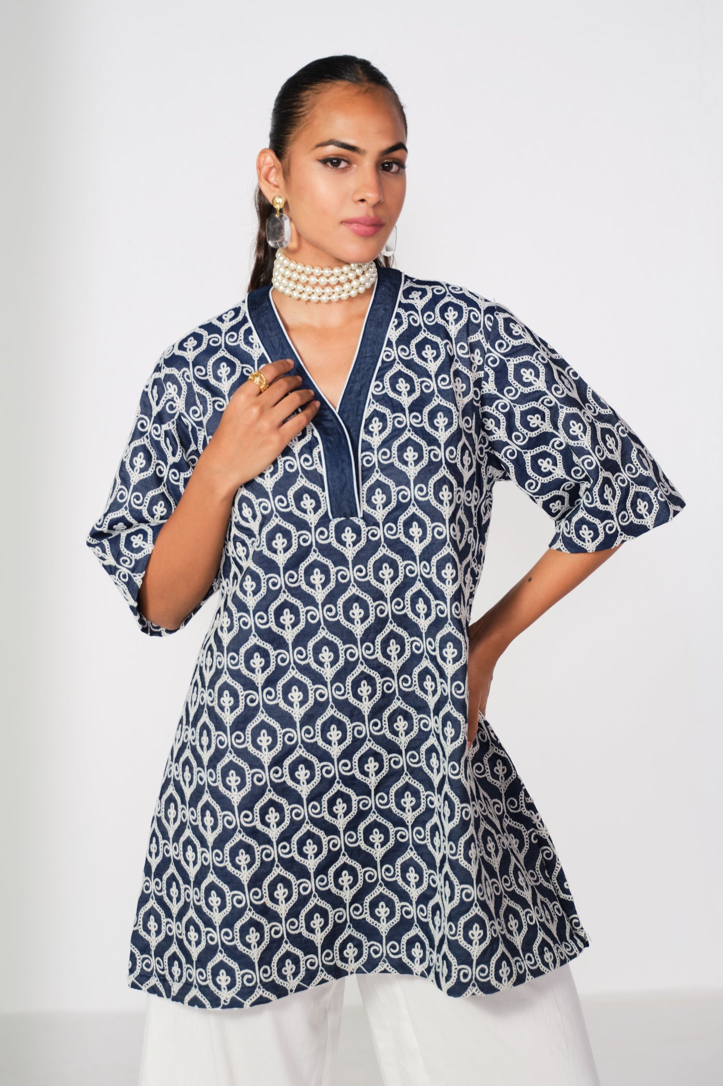 EMBROIDERED WHITE - DENIM BLOCK KURTA SET- LEHR WORK