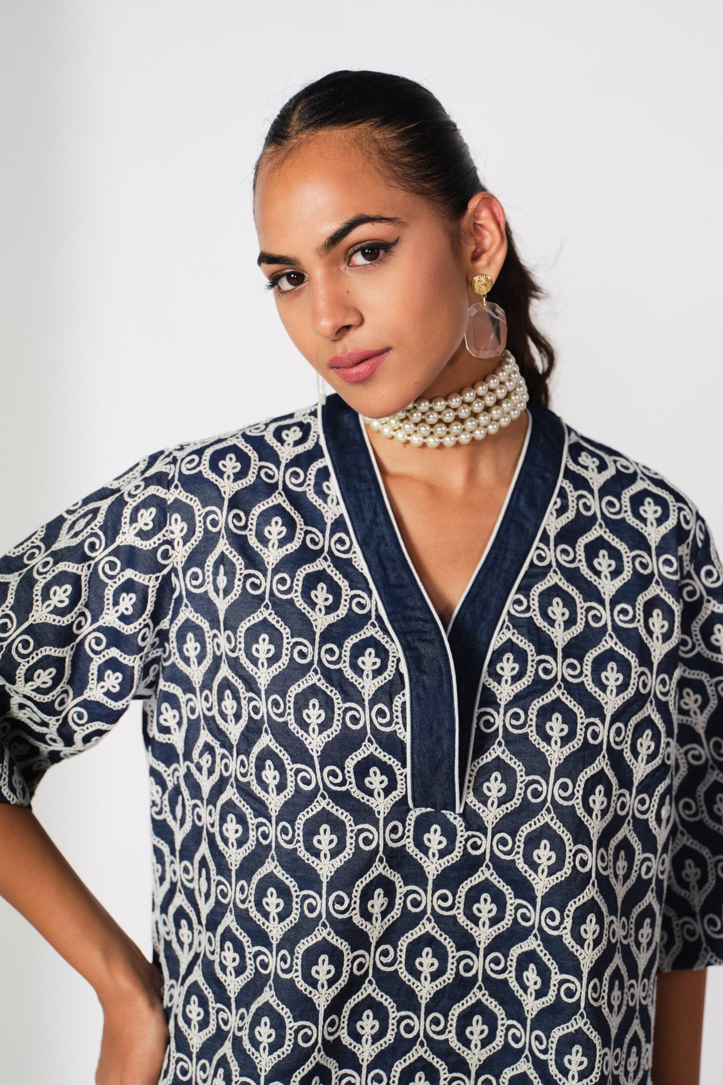 EMBROIDERED WHITE - DENIM BLOCK KURTA SET- LEHR WORK