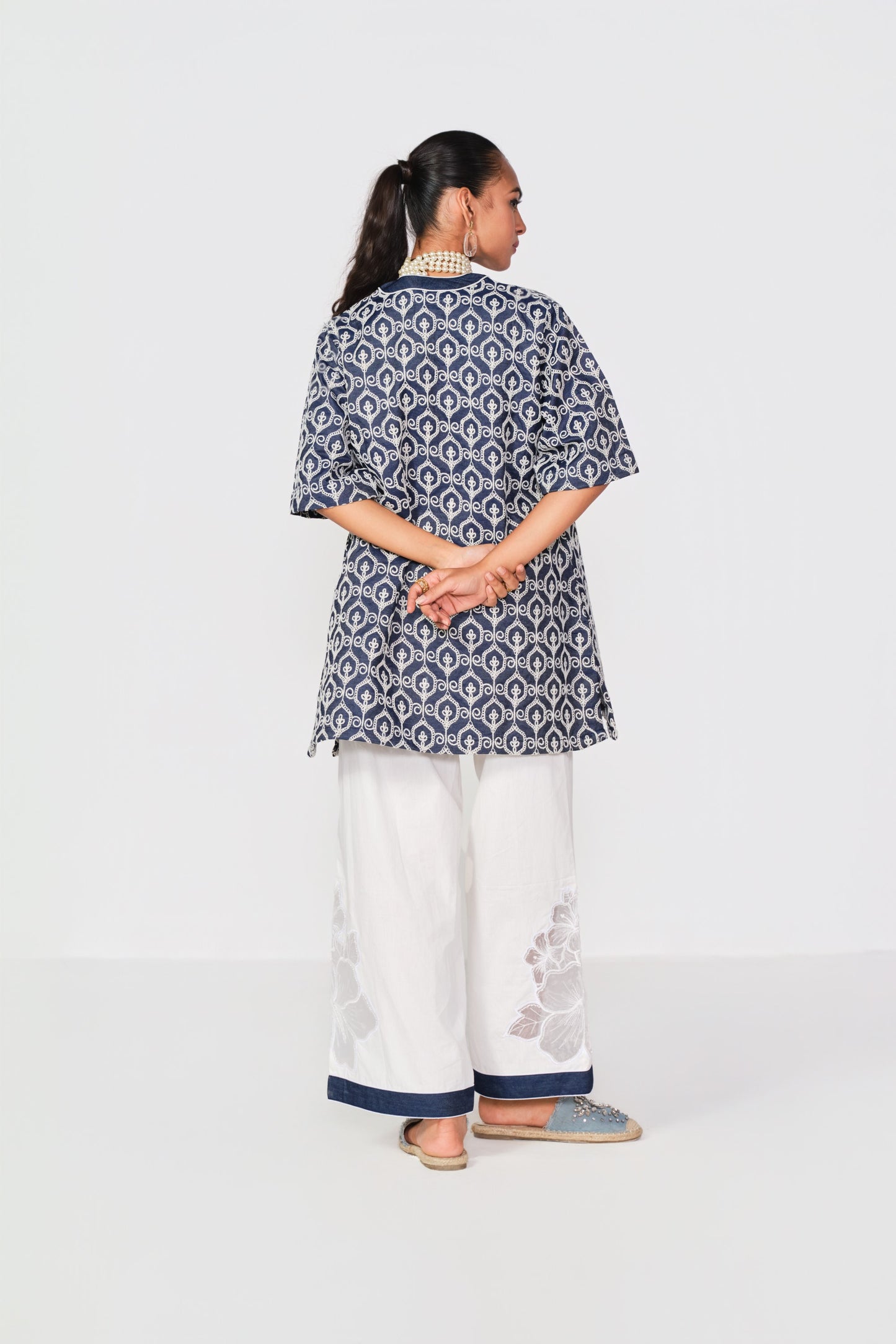 EMBROIDERED WHITE - DENIM BLOCK KURTA SET- LEHR WORK