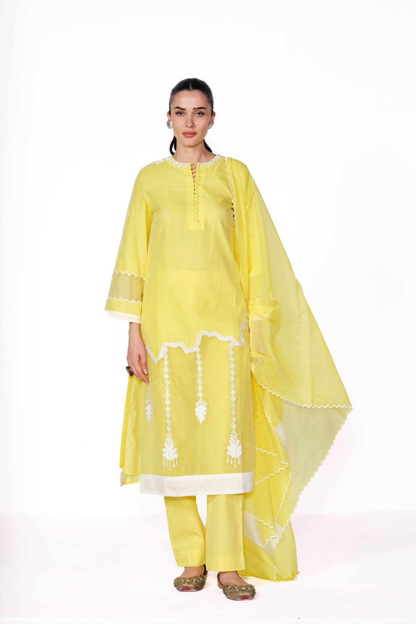 SUFI-YELLOW CHANDERI SITARA KURTA SET