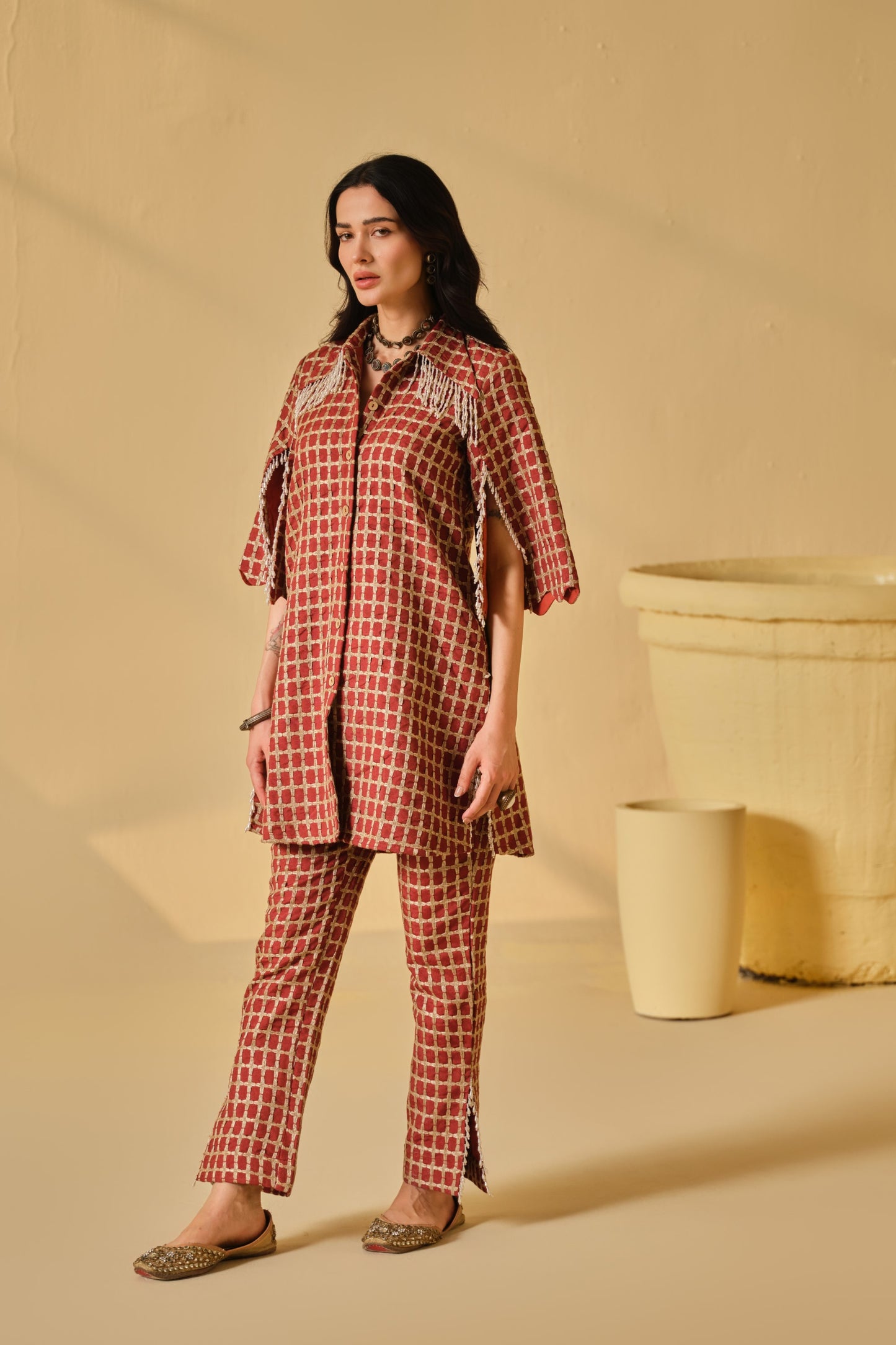 DABI-DORI EMBROIDERED PEARL WORK KURTA SET-RED