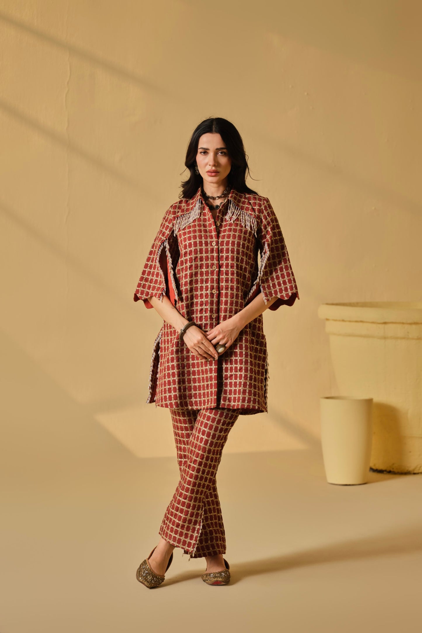 DABI-DORI EMBROIDERED PEARL WORK KURTA SET-RED