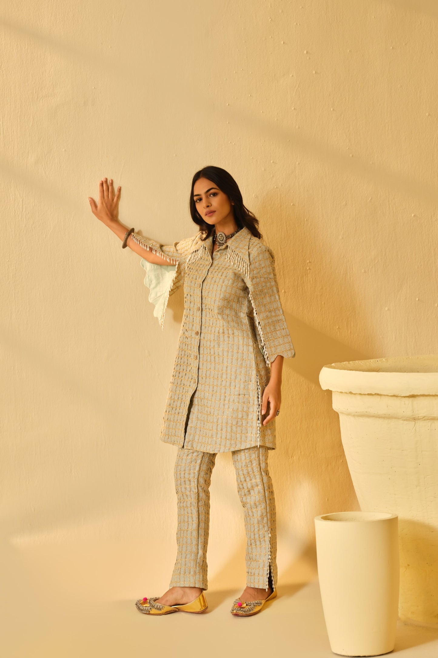 DABI-DORI EMBROIDERED PEARL WORK KURTA SET-PASTEL GREEN