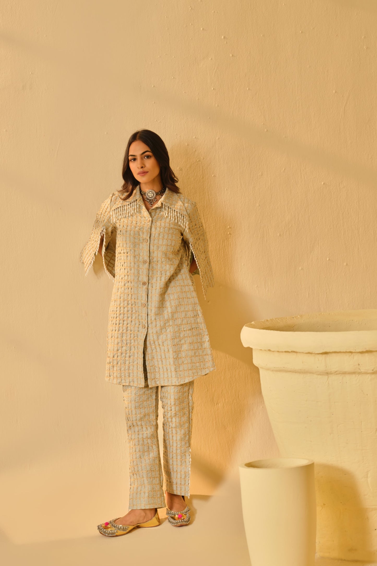 DABI-DORI EMBROIDERED PEARL WORK KURTA SET-PASTEL GREEN