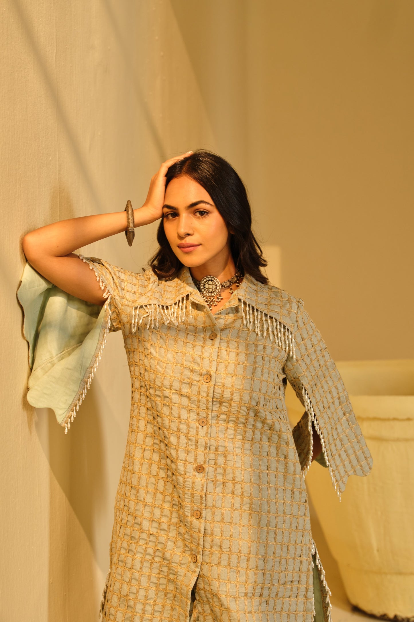 DABI-DORI EMBROIDERED PEARL WORK KURTA SET-PASTEL GREEN