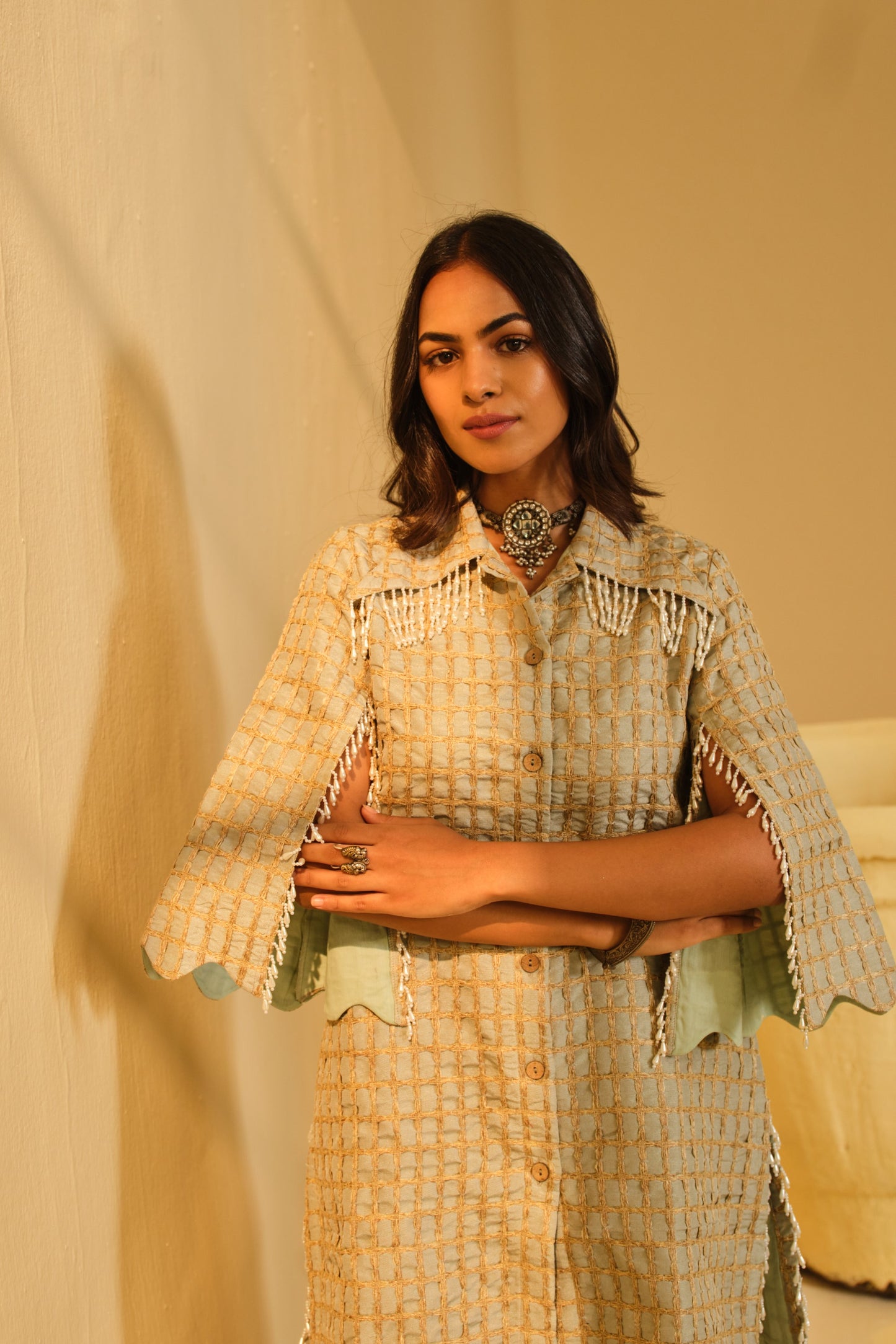 DABI-DORI EMBROIDERED PEARL WORK KURTA SET-PASTEL GREEN