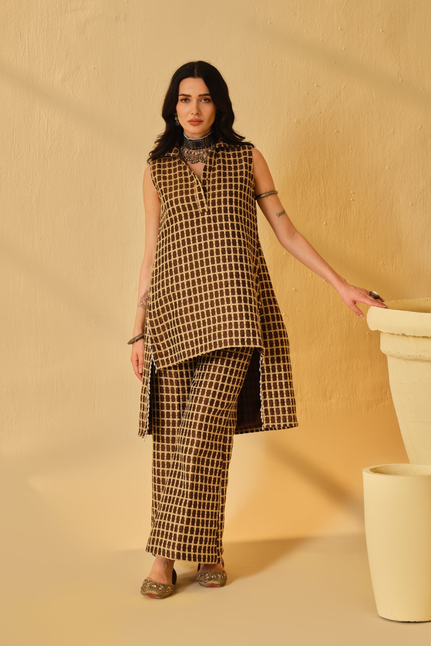 DABI-DORI PLEATED KURTA SET-CAMEL