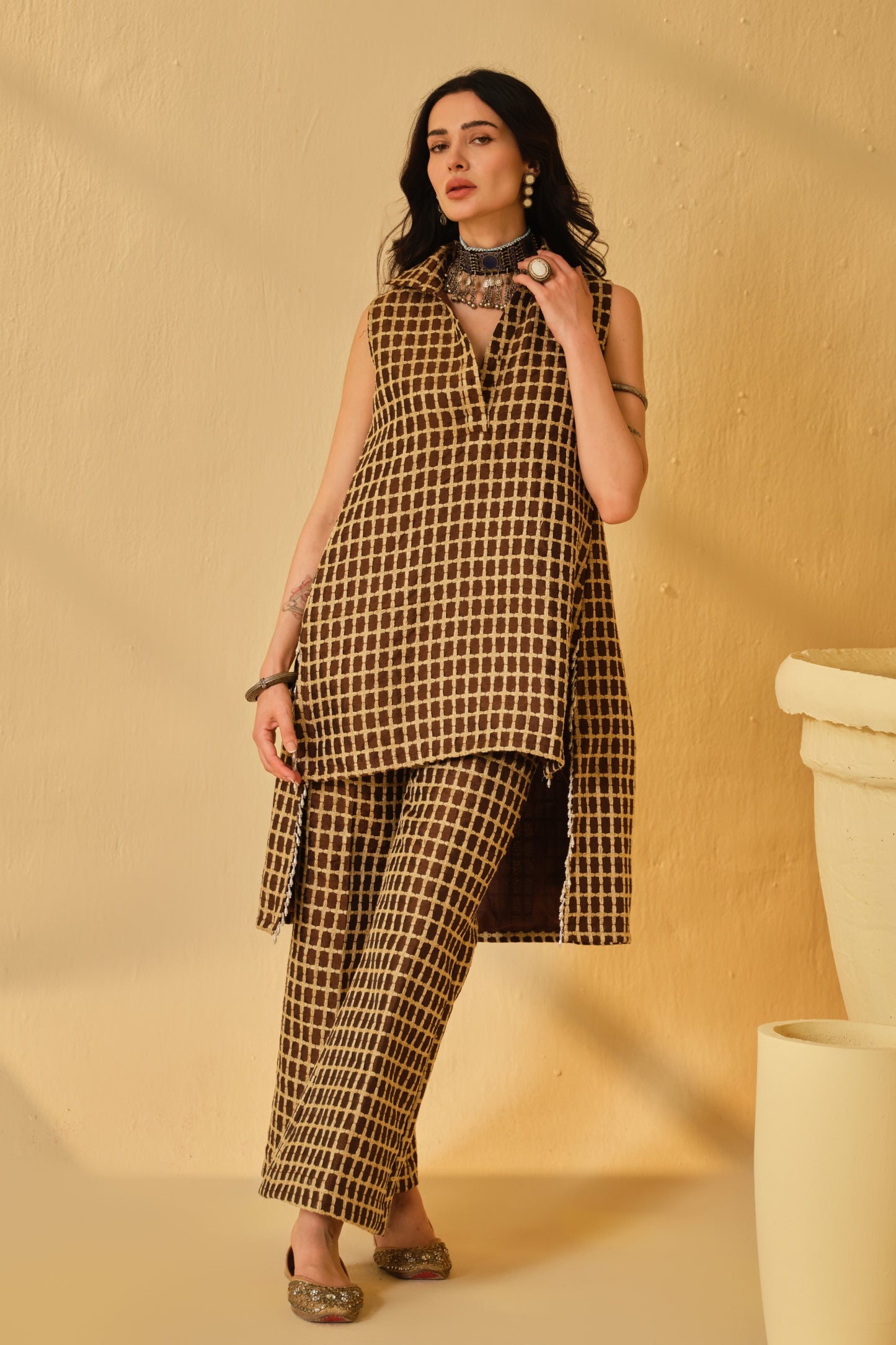 DABI-DORI PLEATED KURTA SET-CAMEL