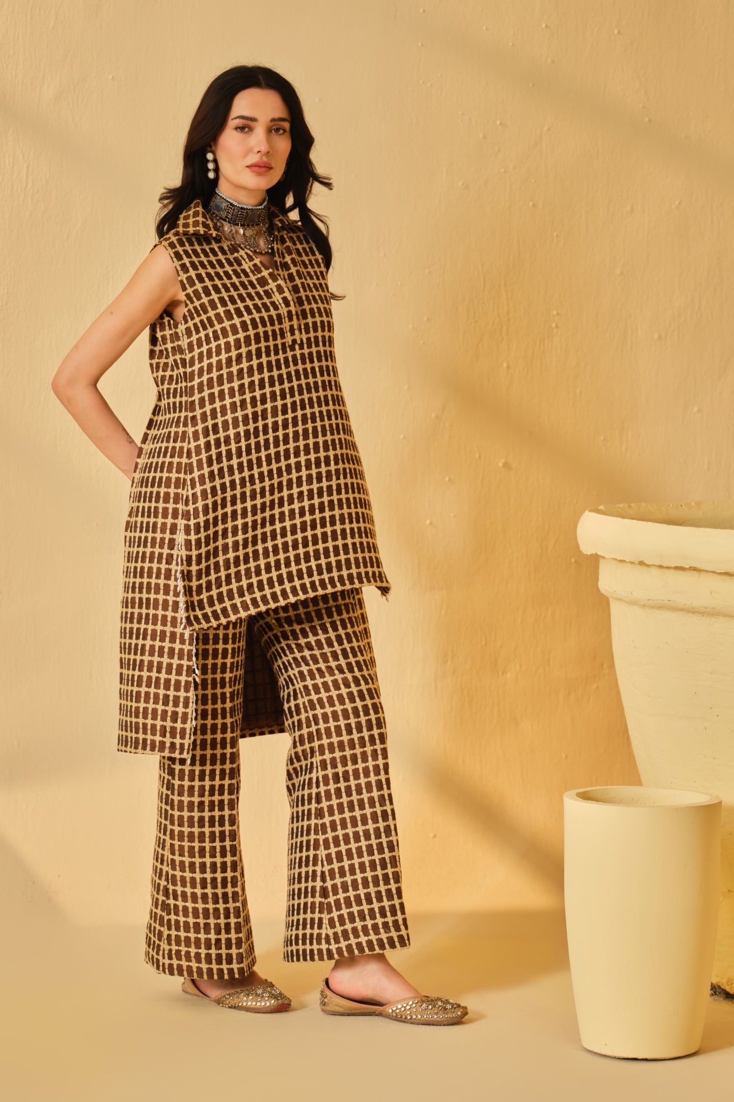 DABI-DORI PLEATED KURTA SET-CAMEL