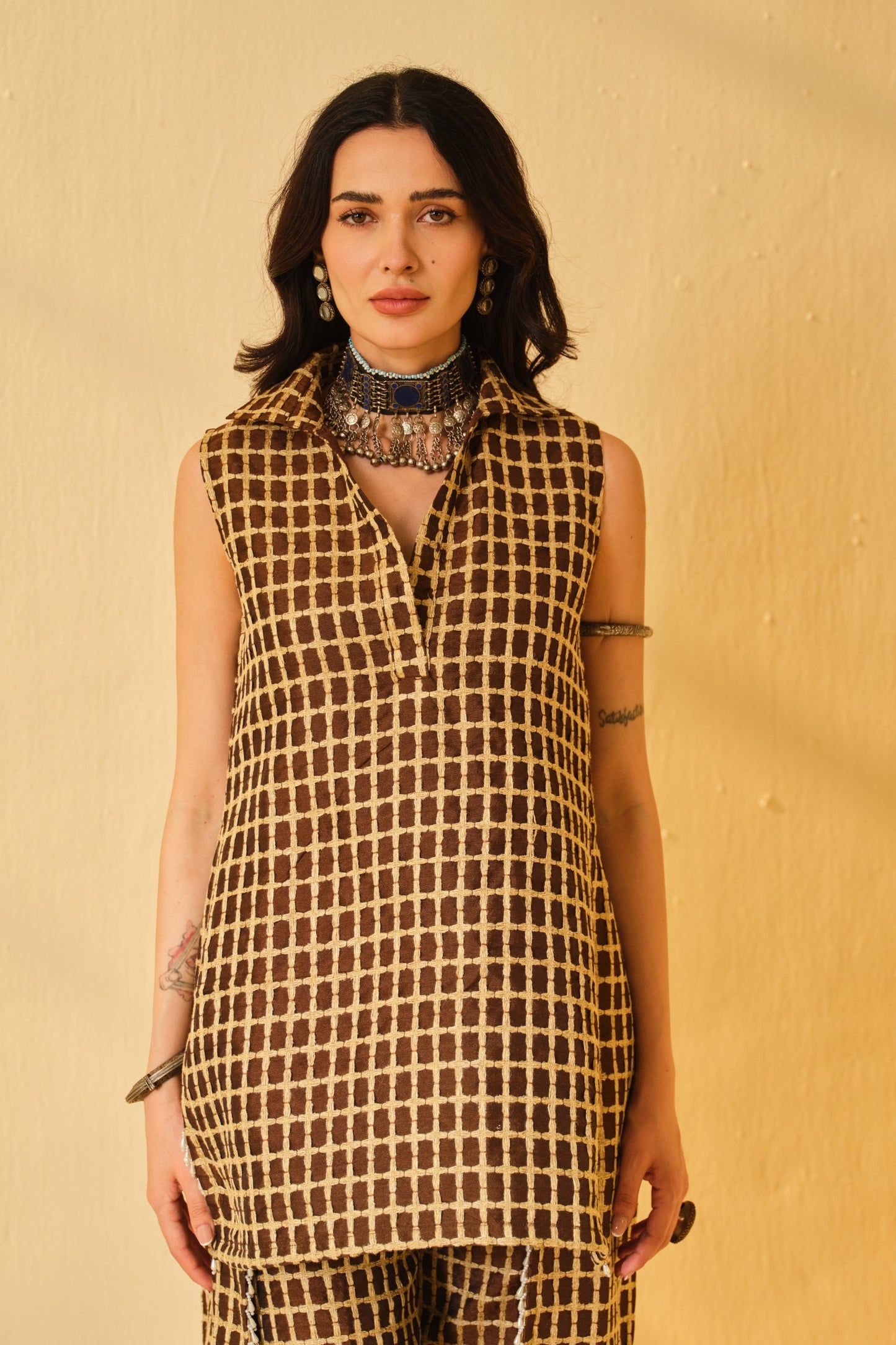 DABI-DORI PLEATED KURTA SET-CAMEL