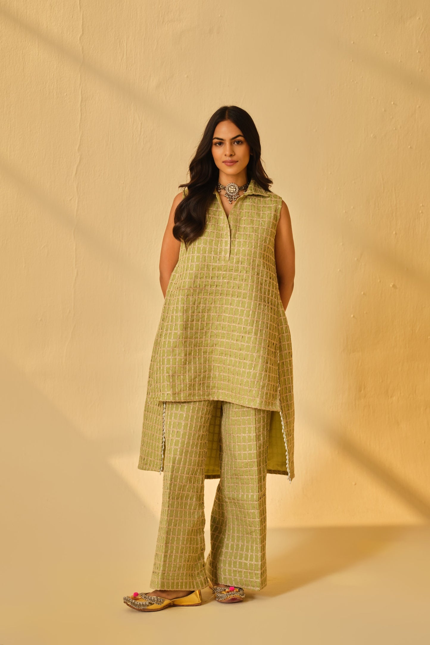 DABI-DORI PLEATED KURTA SET-GREEN
