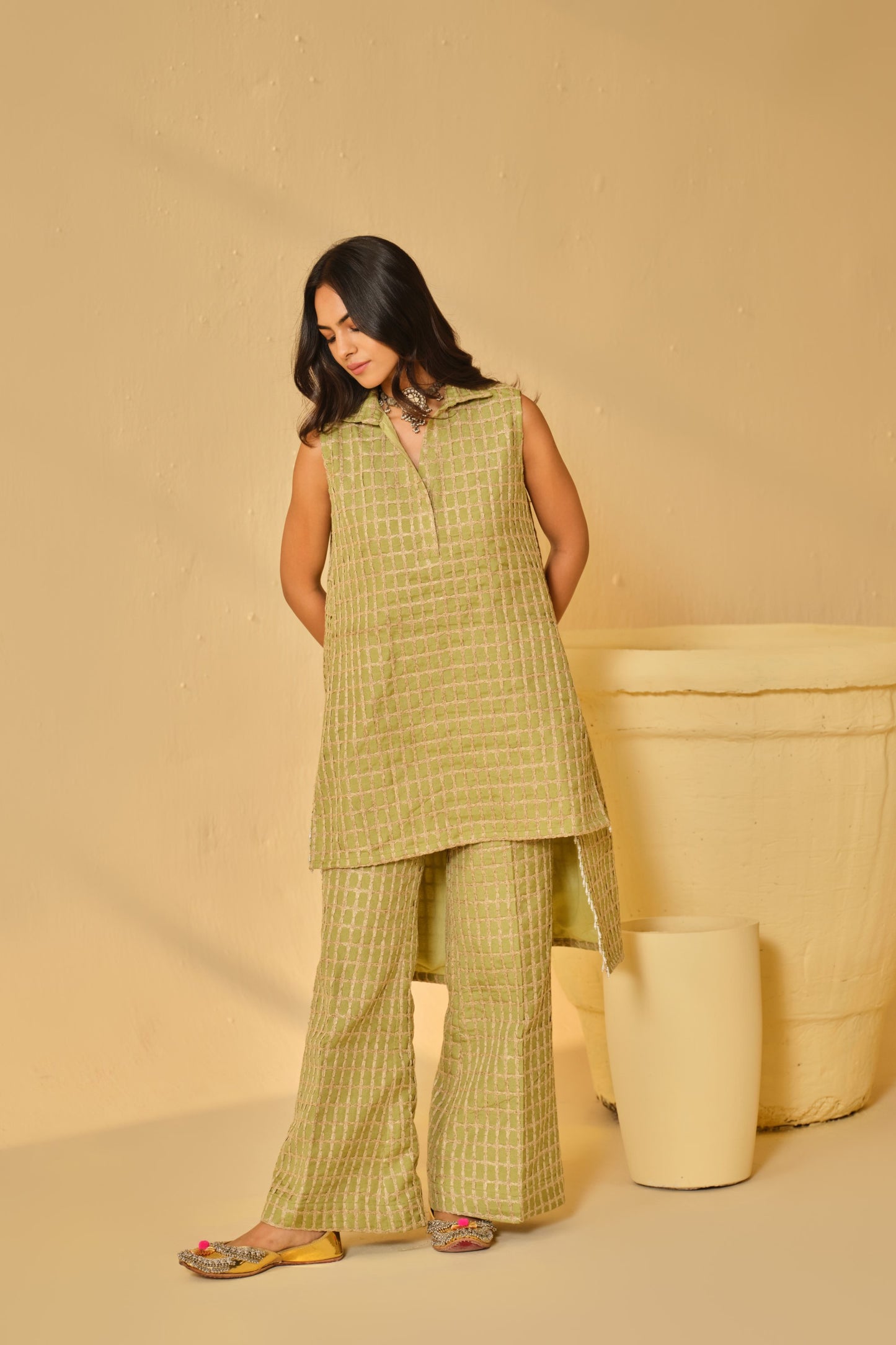 DABI-DORI PLEATED KURTA SET-GREEN