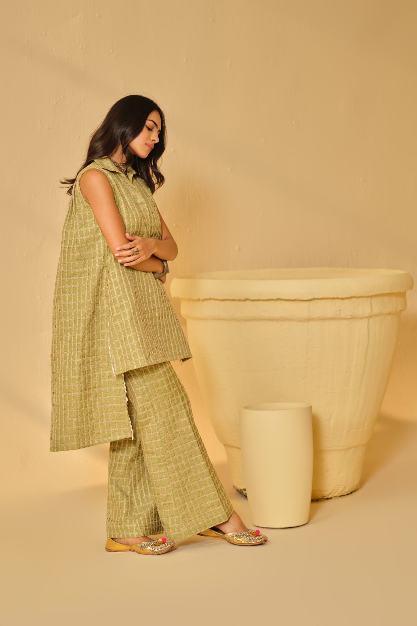 DABI-DORI PLEATED KURTA SET-GREEN