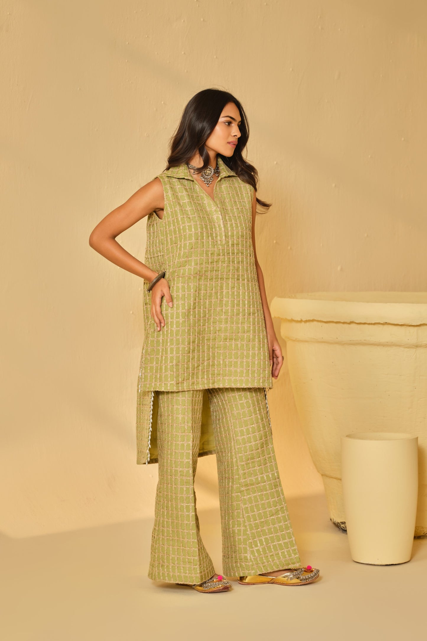 DABI-DORI PLEATED KURTA SET-GREEN