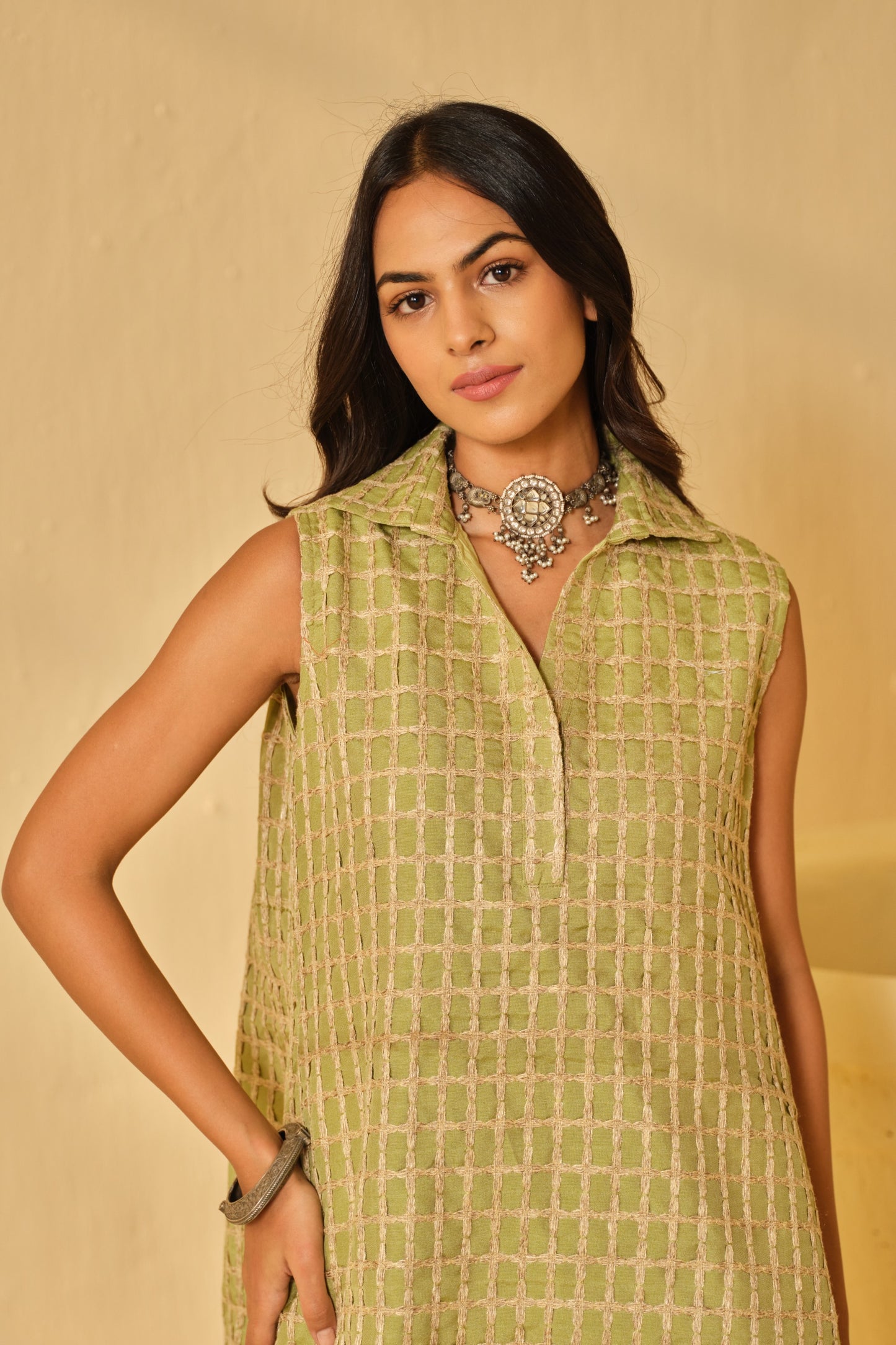 DABI-DORI PLEATED KURTA SET-GREEN