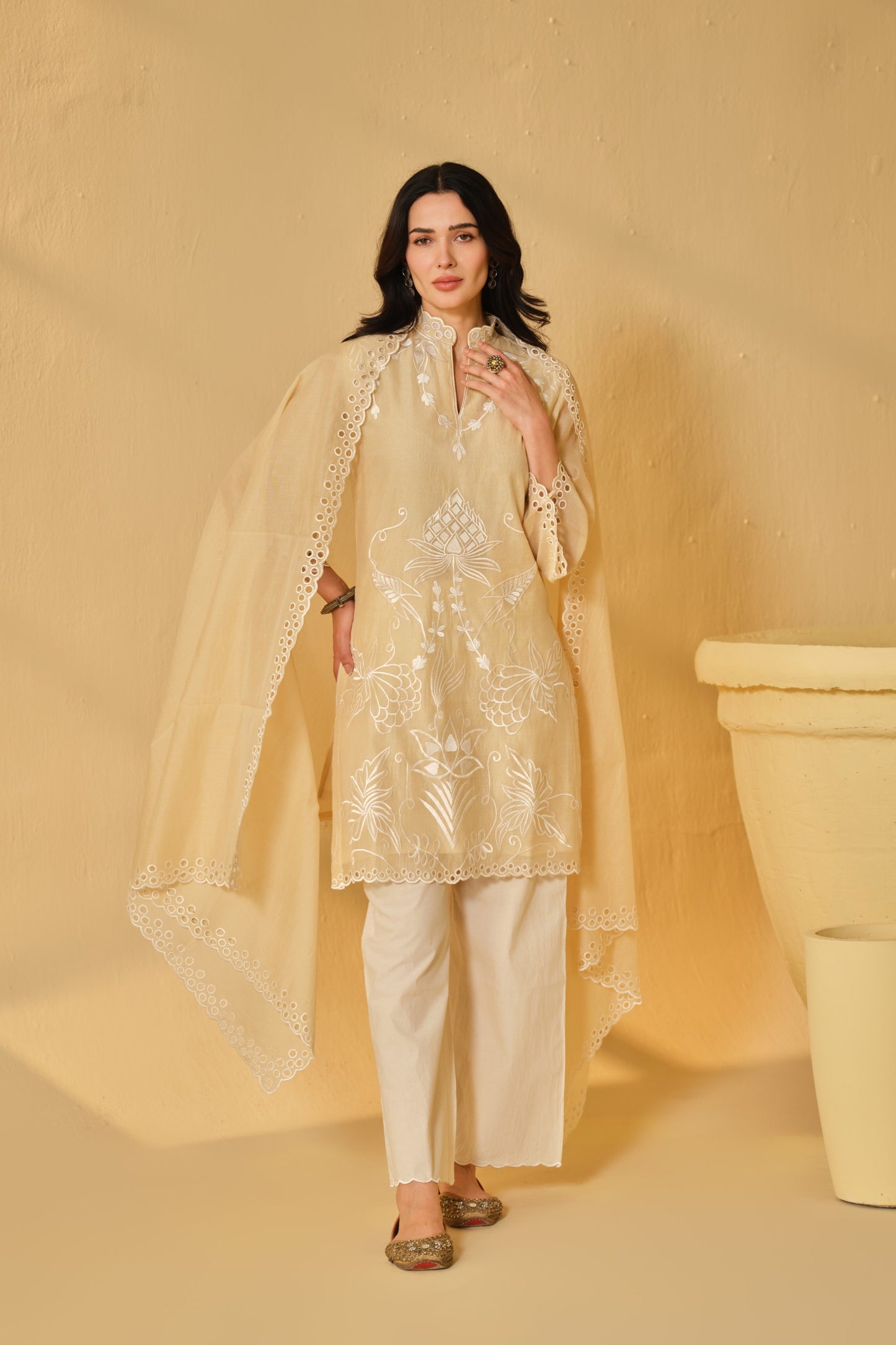 SUFIANA HAZE BEIGE KURTA SET WITH DUPATTA