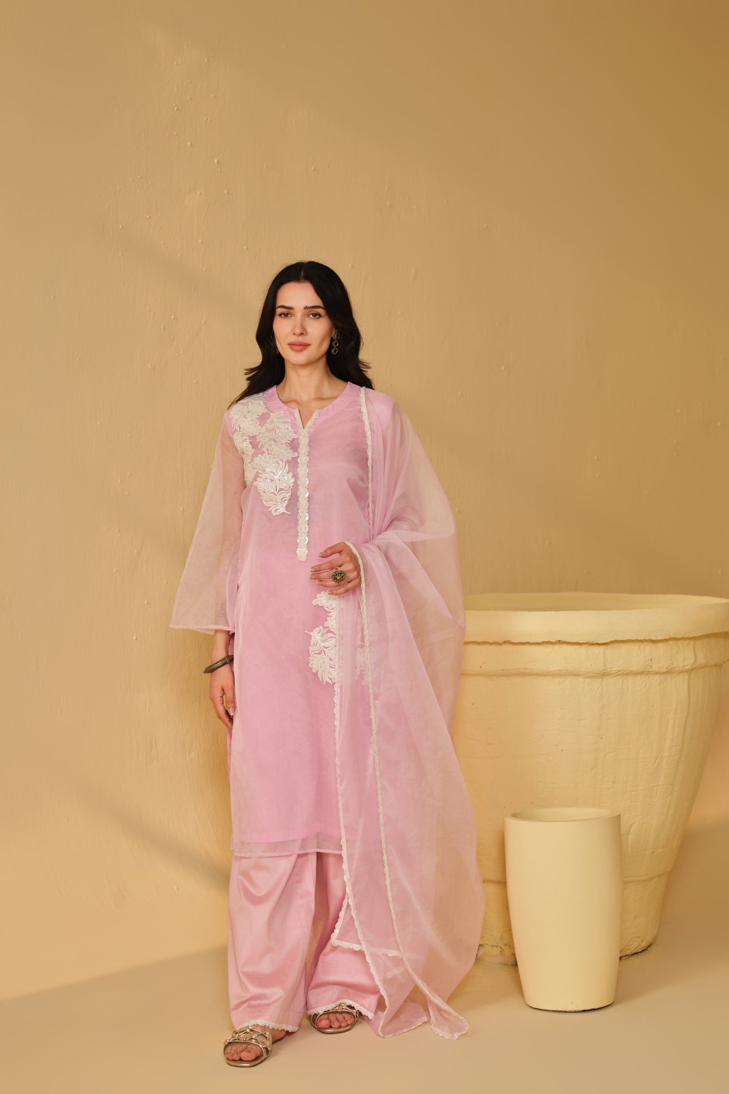 WHITE-PINK WORK ORGANZA KURTA SET