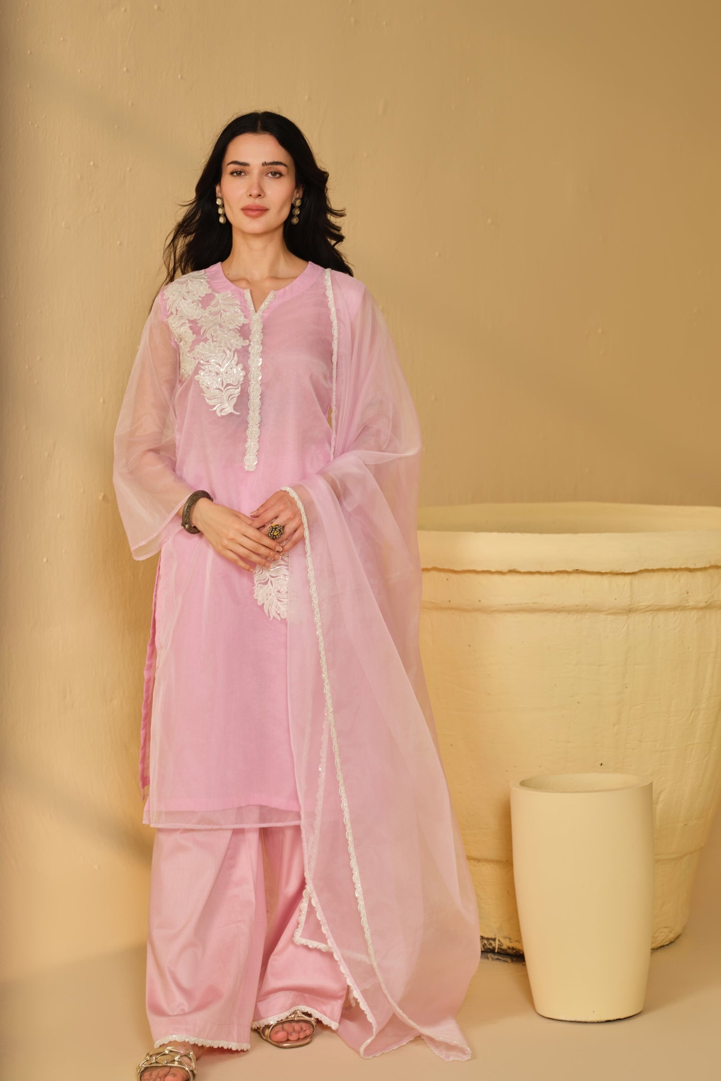 WHITE-PINK WORK ORGANZA KURTA SET