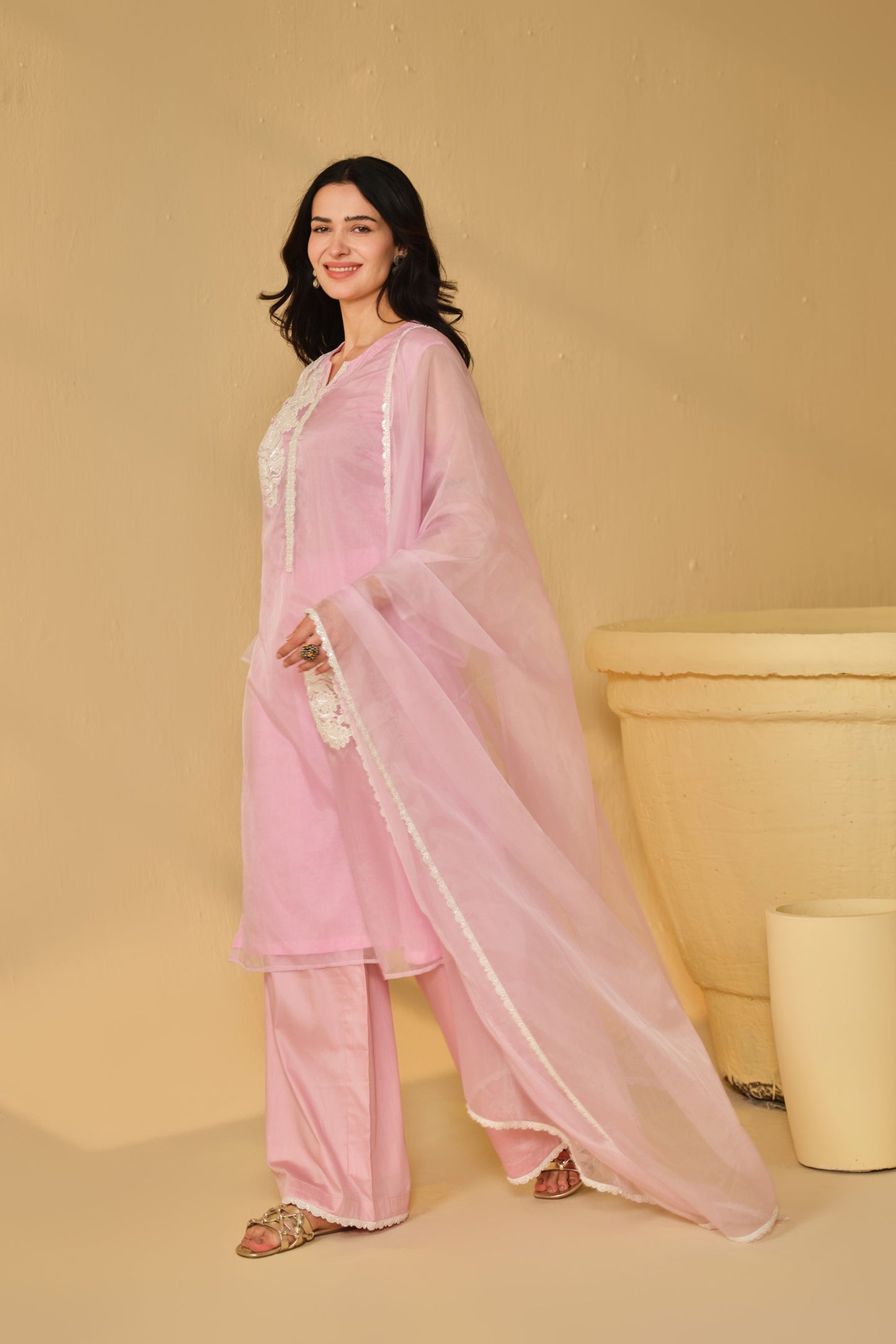 WHITE-PINK WORK ORGANZA KURTA SET