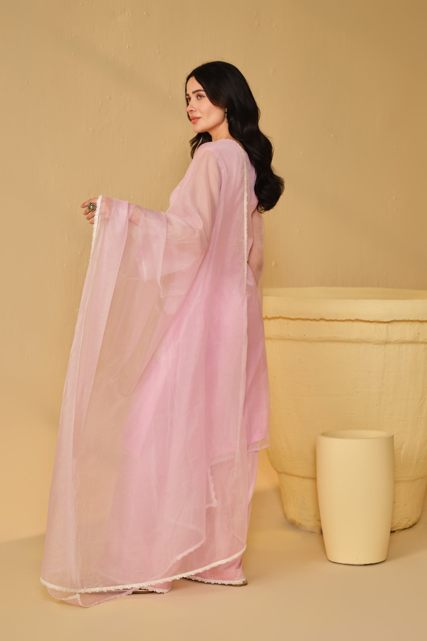 WHITE-PINK WORK ORGANZA KURTA SET