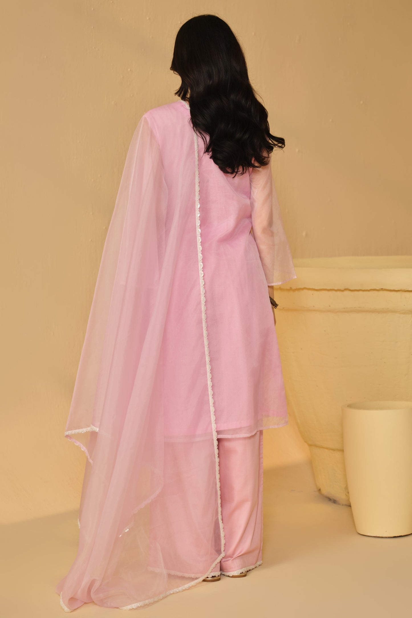 WHITE-PINK WORK ORGANZA KURTA SET