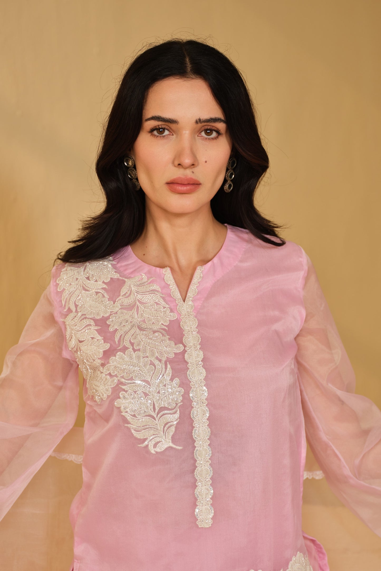 WHITE-PINK WORK ORGANZA KURTA SET