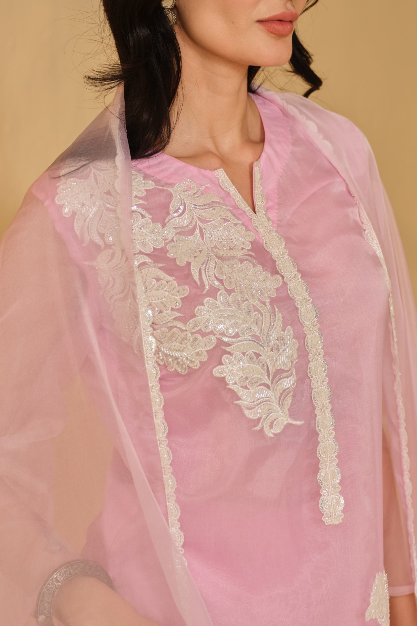 WHITE-PINK WORK ORGANZA KURTA SET