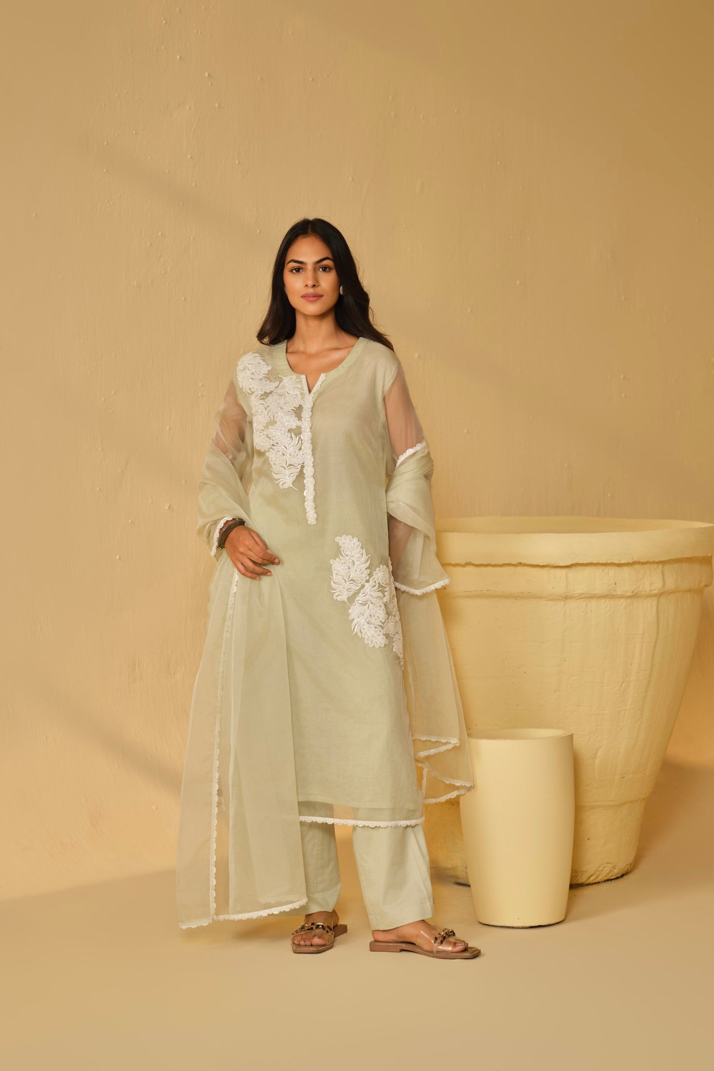 SAGA GREEN-WHITE WORK ORGANZA KURTA SET