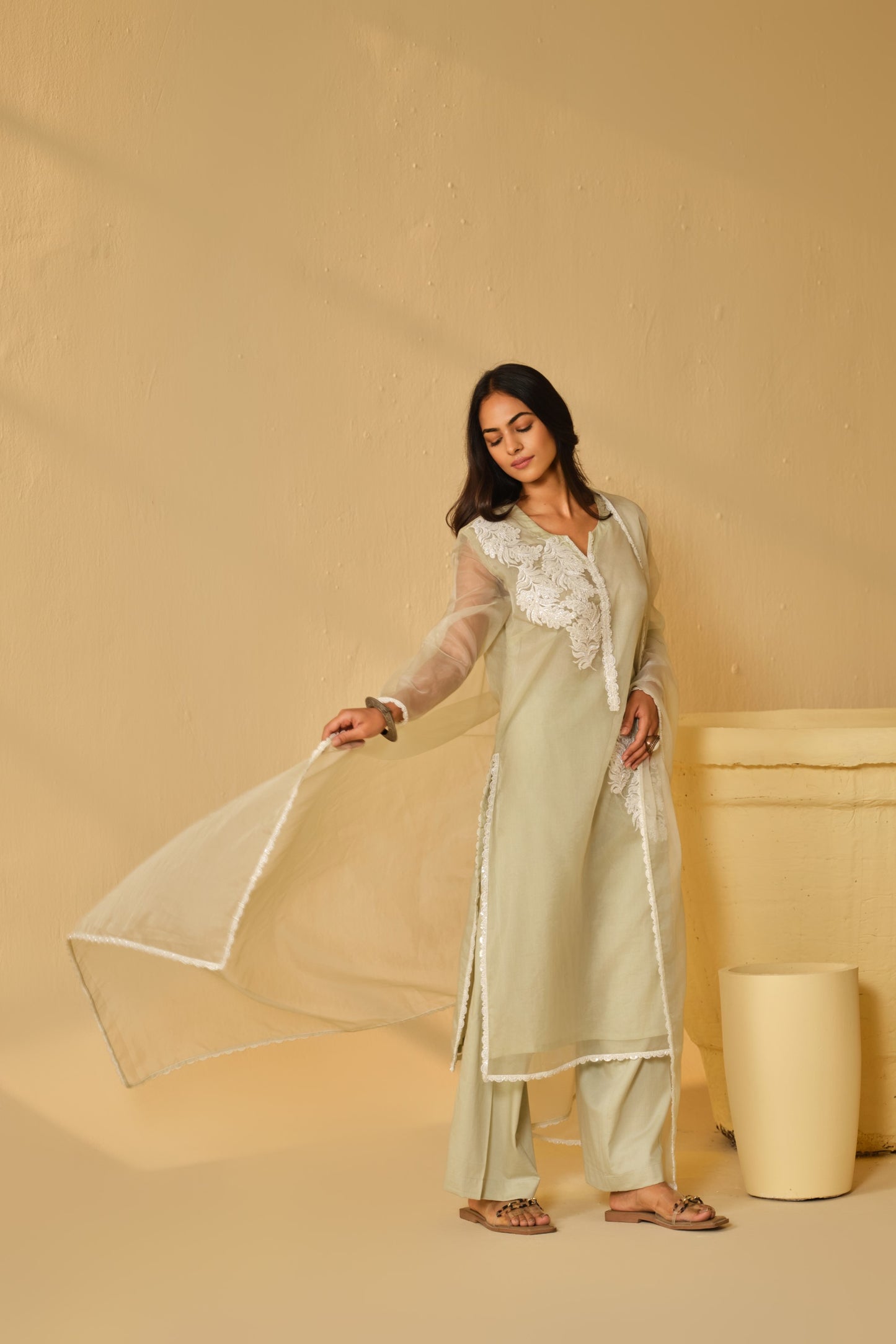 SAGA GREEN-WHITE WORK ORGANZA KURTA SET
