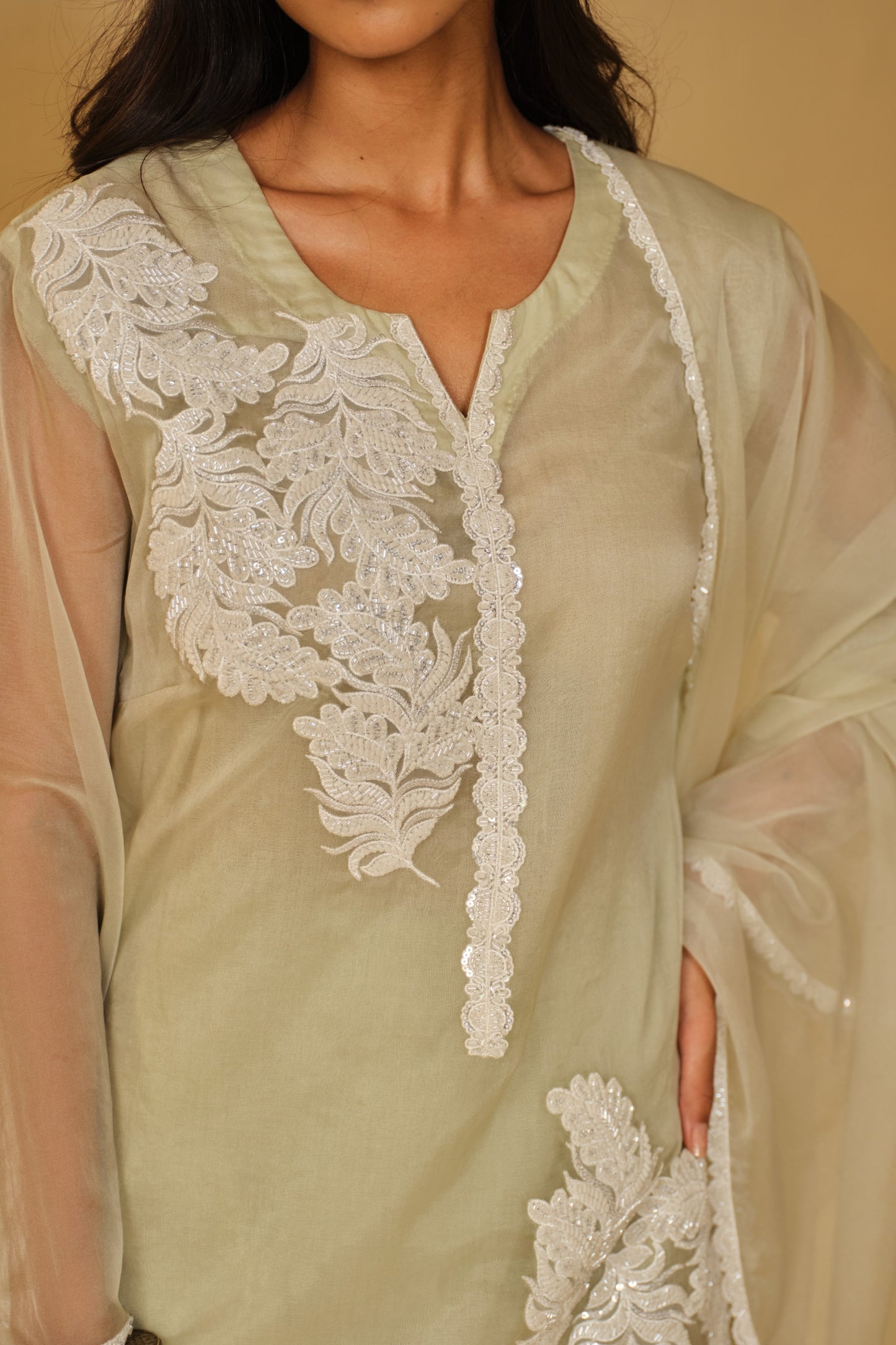 SAGA GREEN-WHITE WORK ORGANZA KURTA SET