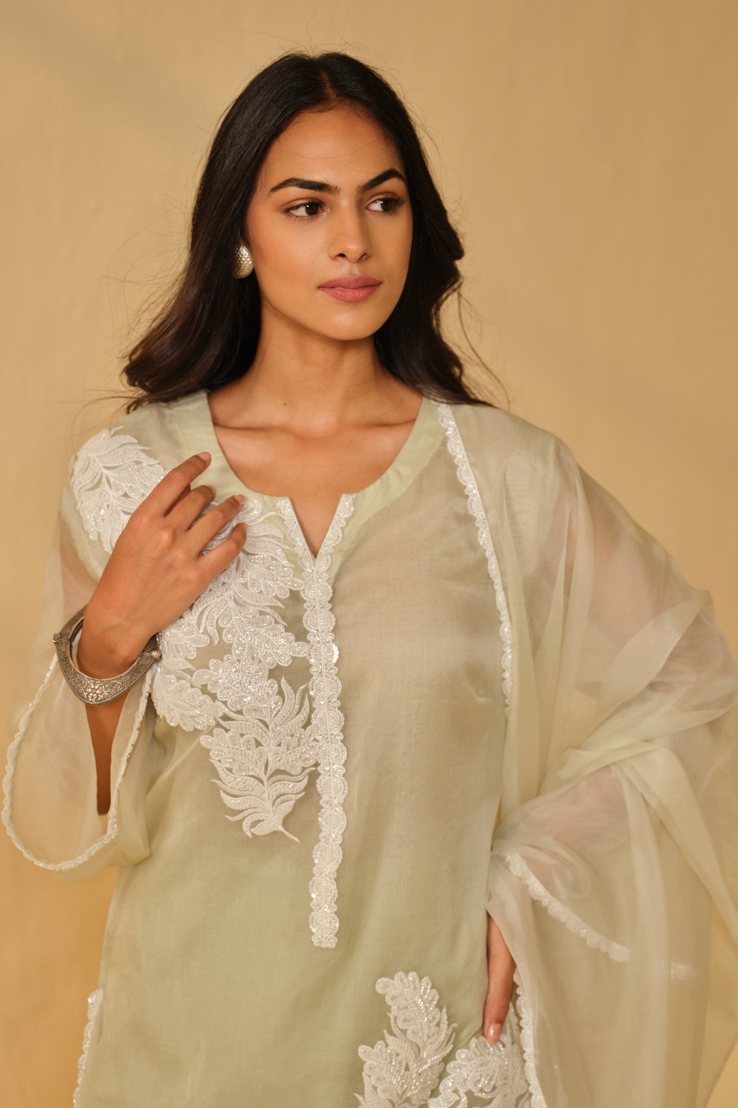 SAGA GREEN-WHITE WORK ORGANZA KURTA SET