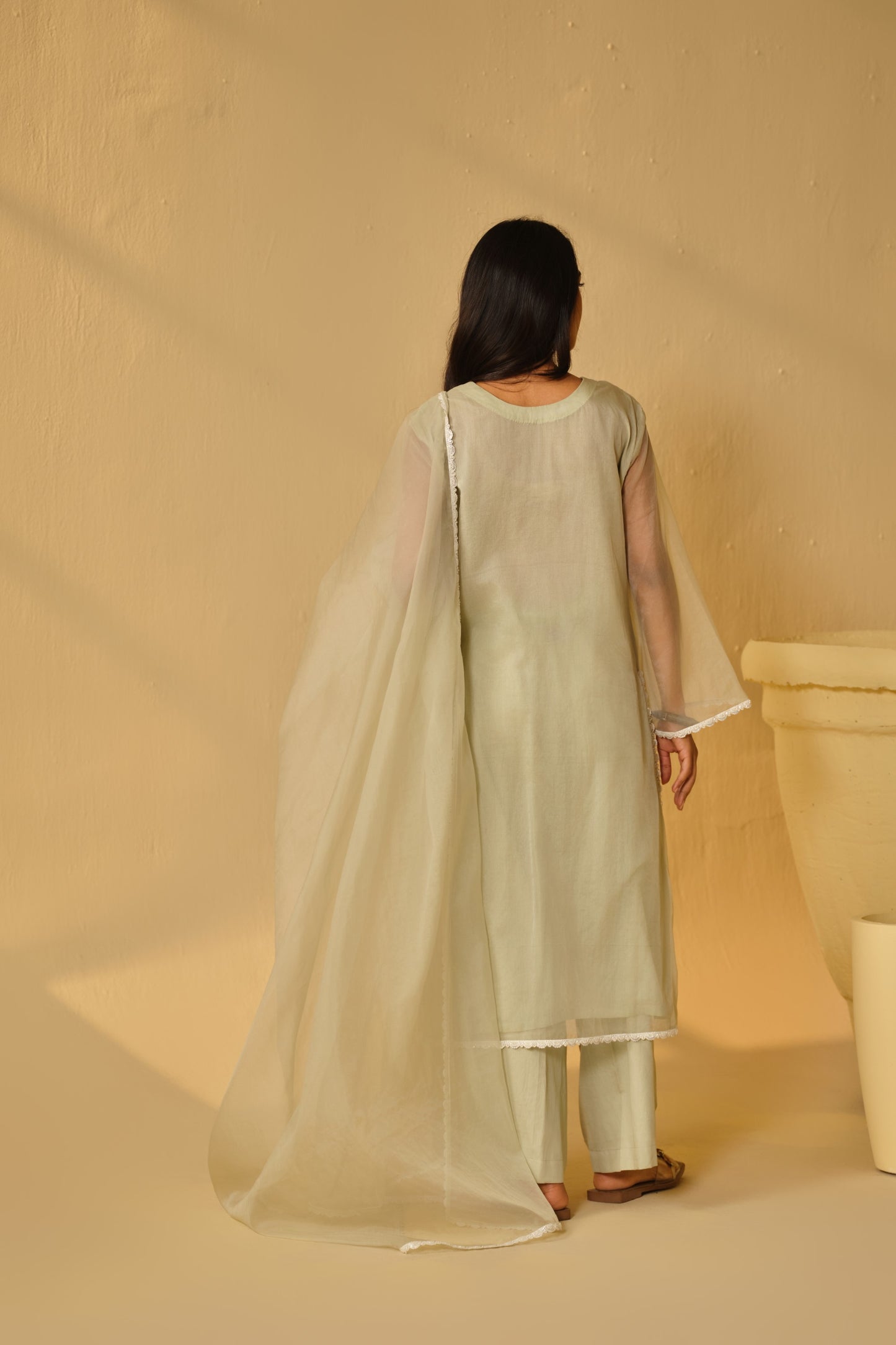 SAGA GREEN-WHITE WORK ORGANZA KURTA SET