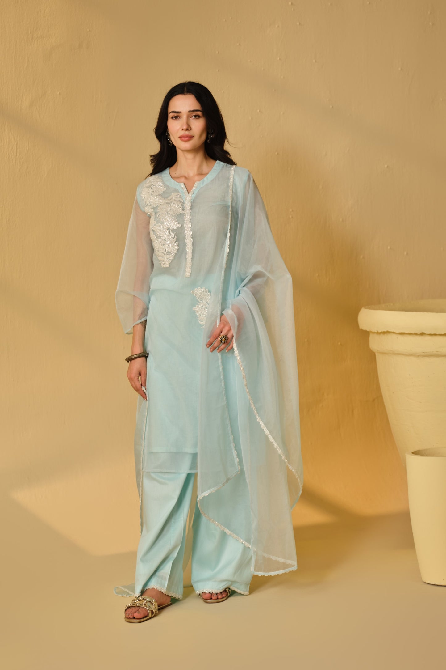 HAZE BLUE -WHITE ORGANZA WORK KURTA SET