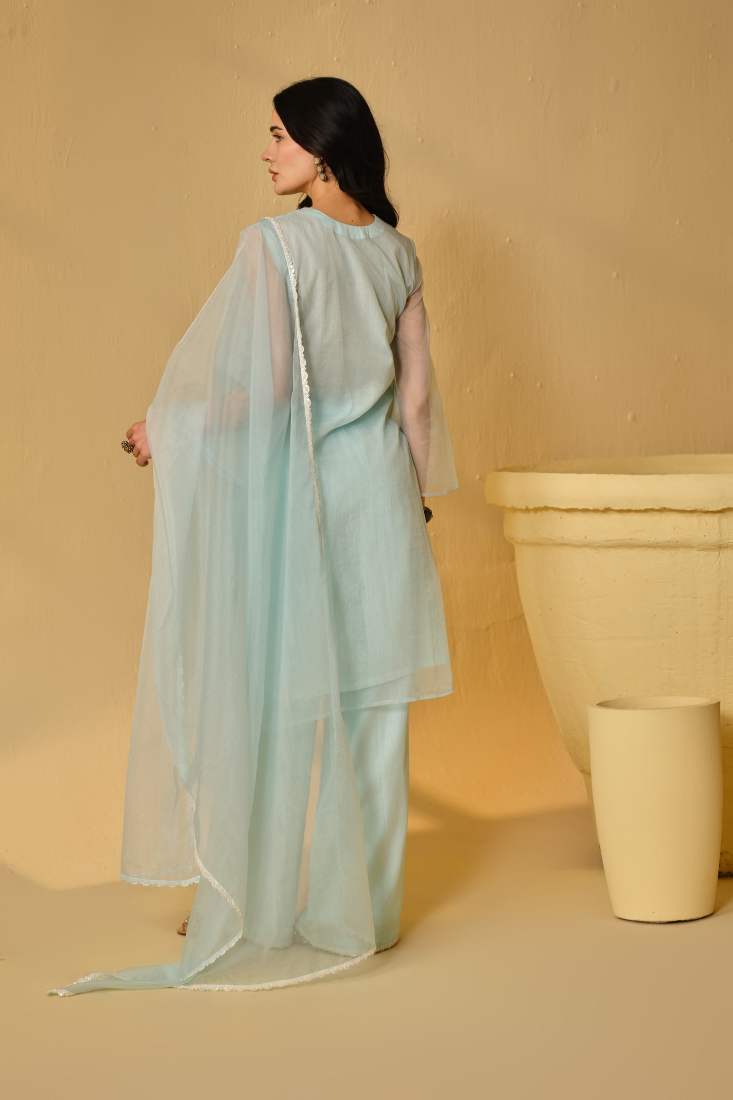HAZE BLUE -WHITE ORGANZA WORK KURTA SET