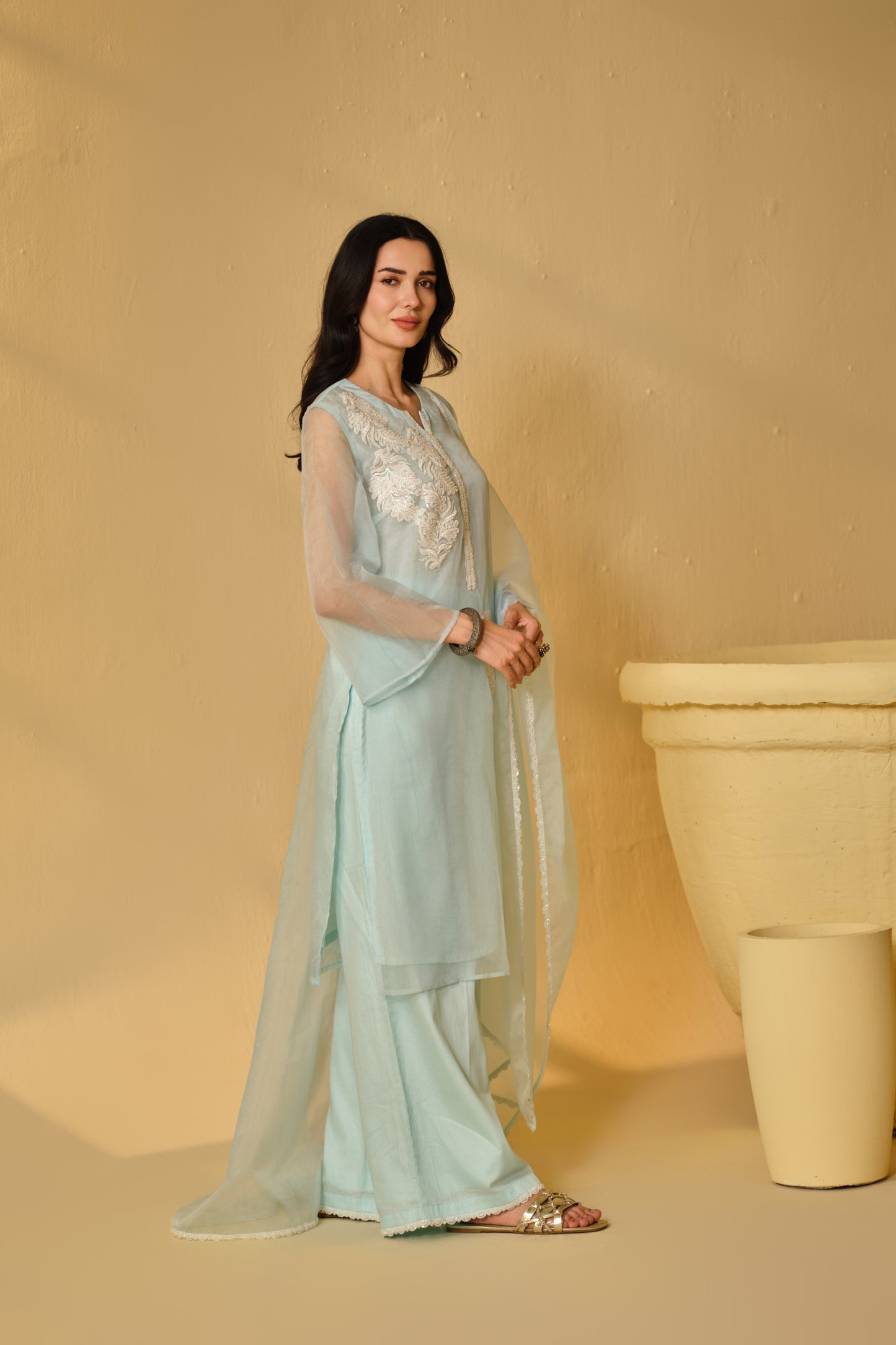 HAZE BLUE -WHITE ORGANZA WORK KURTA SET