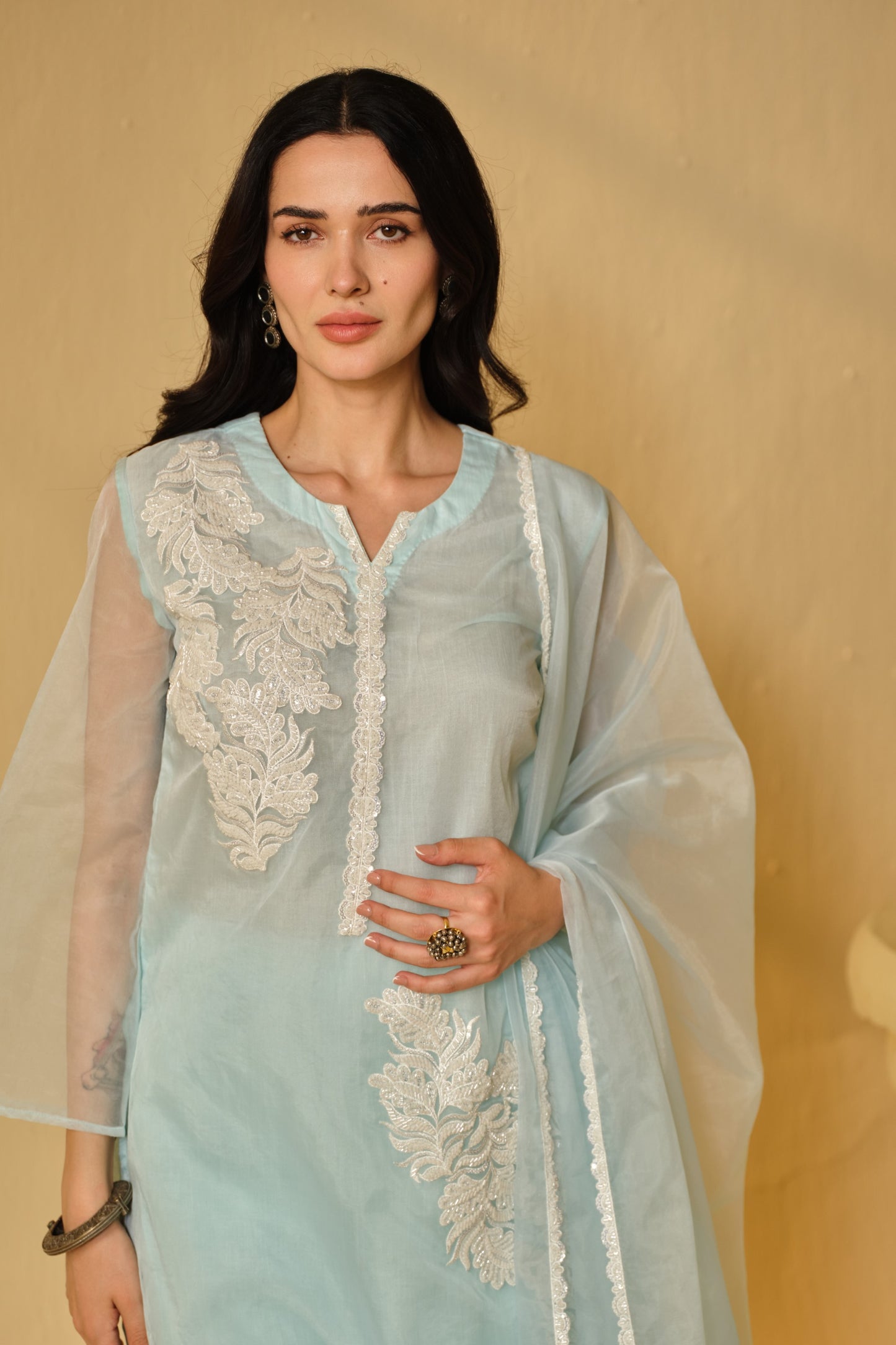 HAZE BLUE -WHITE ORGANZA WORK KURTA SET