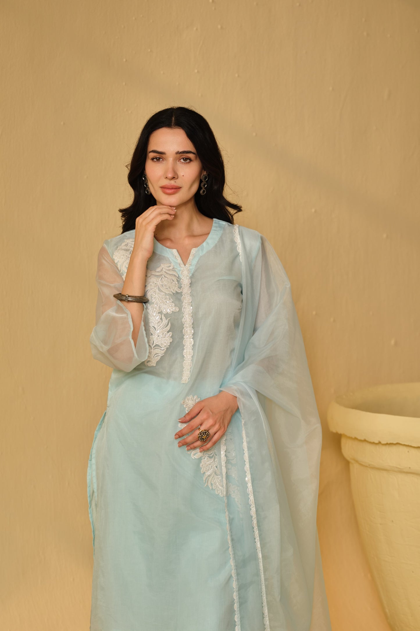 HAZE BLUE -WHITE ORGANZA WORK KURTA SET